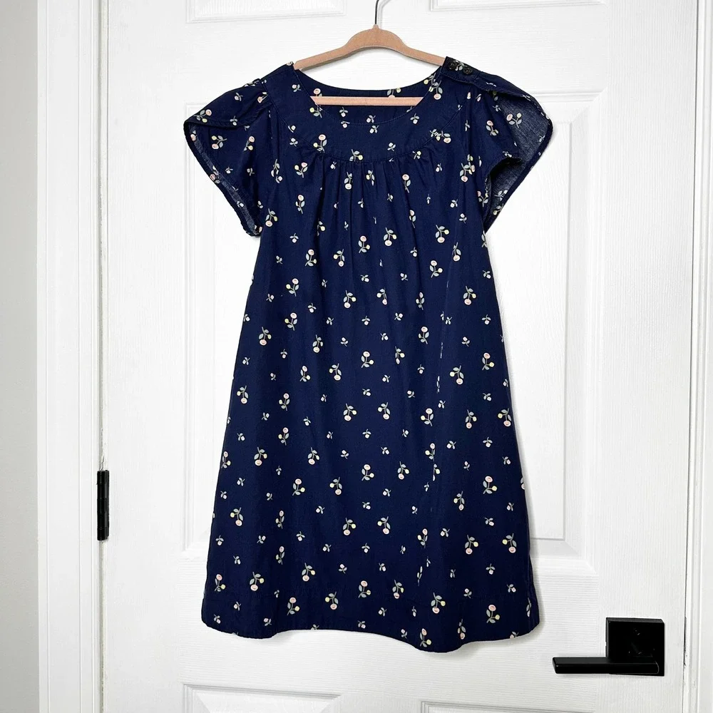 Hanna Andersson Girls Dress Size 140 US 10 Navy Blue Floral Print Cotton Casual‎
